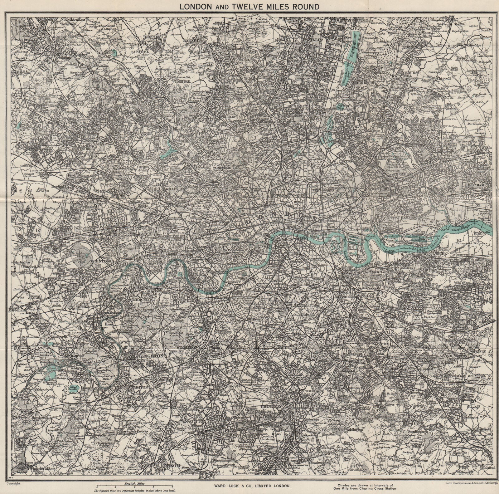 LONDON & TWELVE MILES ROUND'. Greater London. WARD LOCK 1951 old vintage map